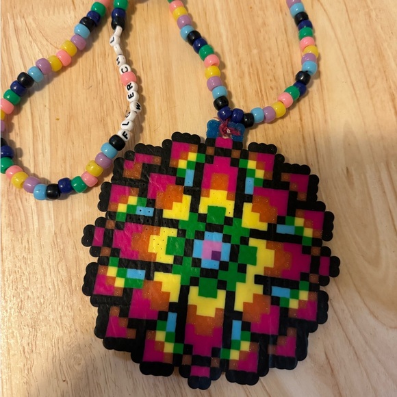 Colorful Beaded Necklace with Pixel Art Pendant (Made for edc) - Picture 4 of 6